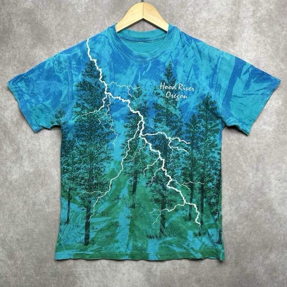 Hanes Other - Vintage Teal Tree Lighting AOP Shirt Single Stitch Hood River Oregon Tshirt